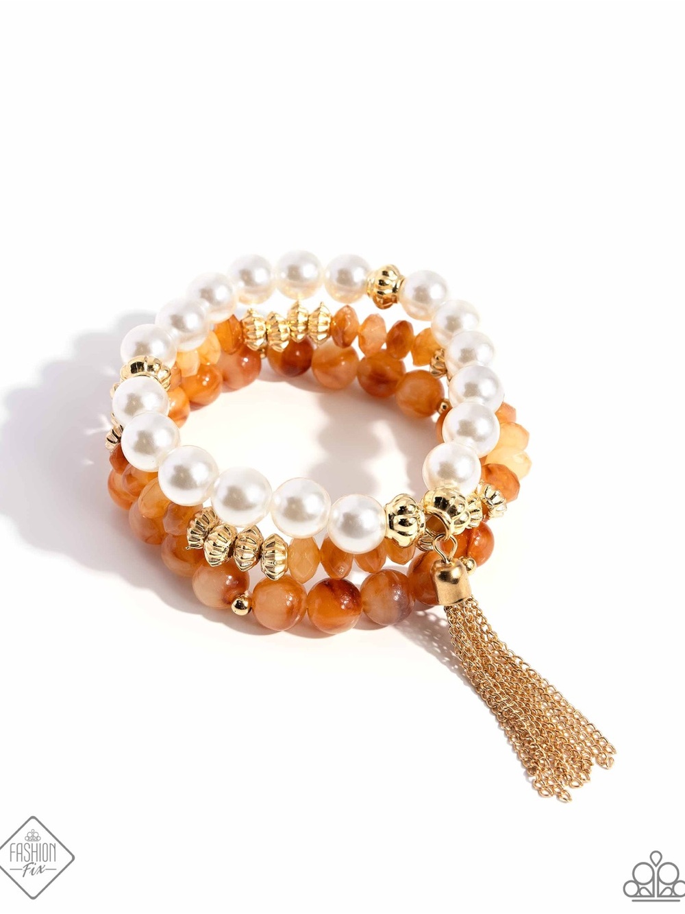 Gold Tassel Orange Bead & Pearl Stackable Bracelet